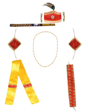 Ahhaaaa Satin Yellow Platinum Krishna Dress Kurta Dhoti with Accessories for Boys