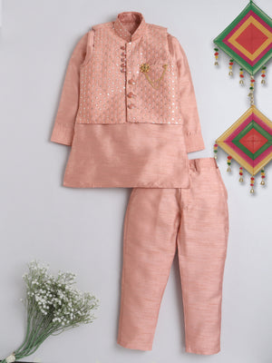 Kids Ethnic Cotton Silk Blend Nehru Modi Jacket Kurta & Pyjama Set for Boys Orange