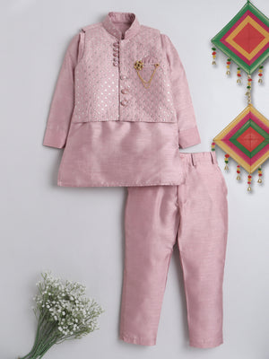 Kids Ethnic Cotton Silk Blend Nehru Modi Jacket Kurta & Pyjama Set for Boys Pink