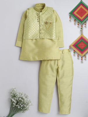 Kids Ethnic Cotton Silk Blend Nehru Modi Jacket Kurta & Pyjama Set for Boys Green