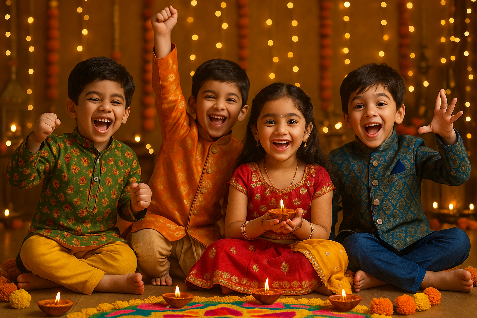 Kids festive ethnic wear collection for Diwali – stylish kurta pajamas, sherwanis, and lehengas in vibrant colors from Ahhaaaa.com