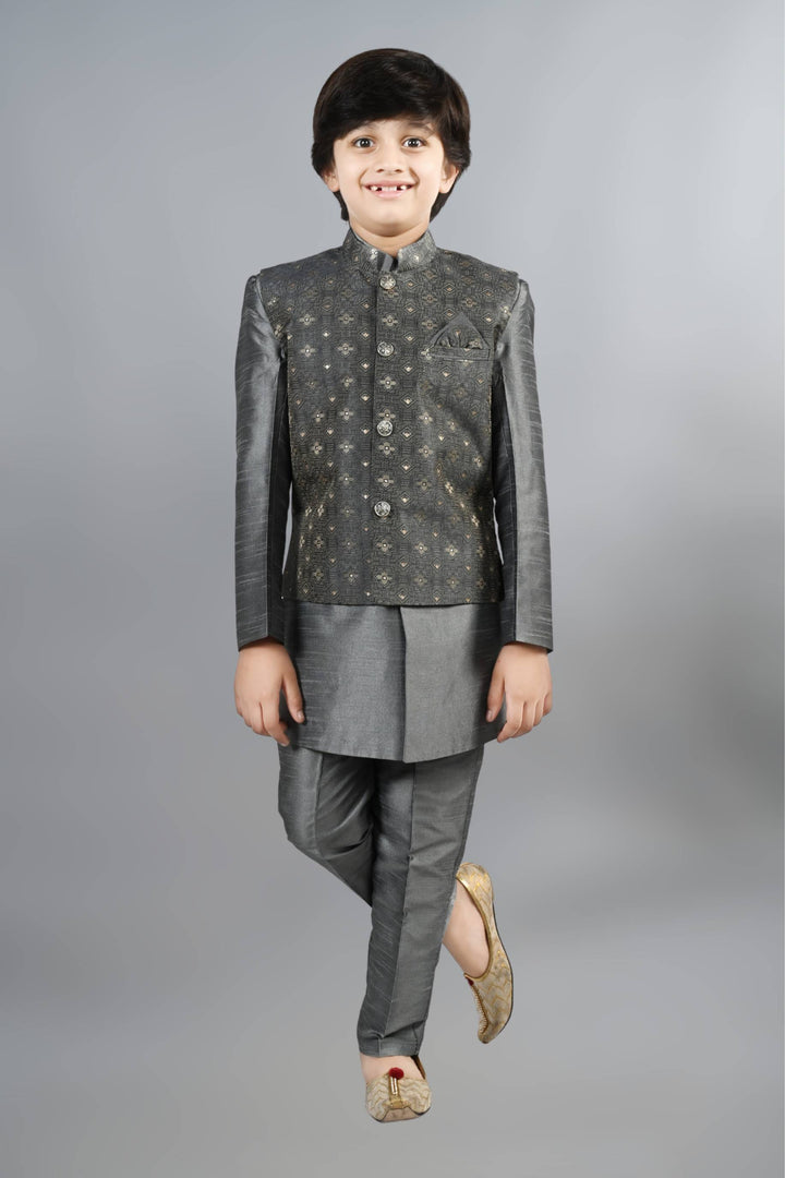 Ahhaaaa Kids Ethnic Silk Blend Waistcoat Kurta Pyjama 3 Piece Sherwani Set For Boys