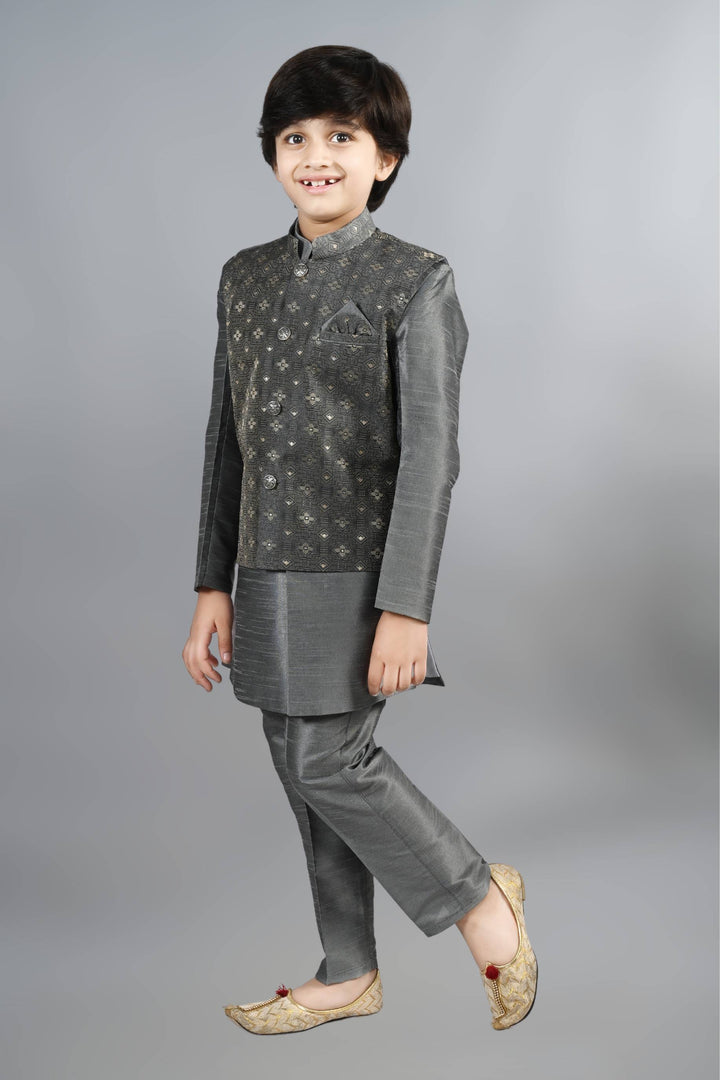 Ahhaaaa Kids Ethnic Silk Blend Waistcoat Kurta Pyjama 3 Piece Sherwani Set For Boys