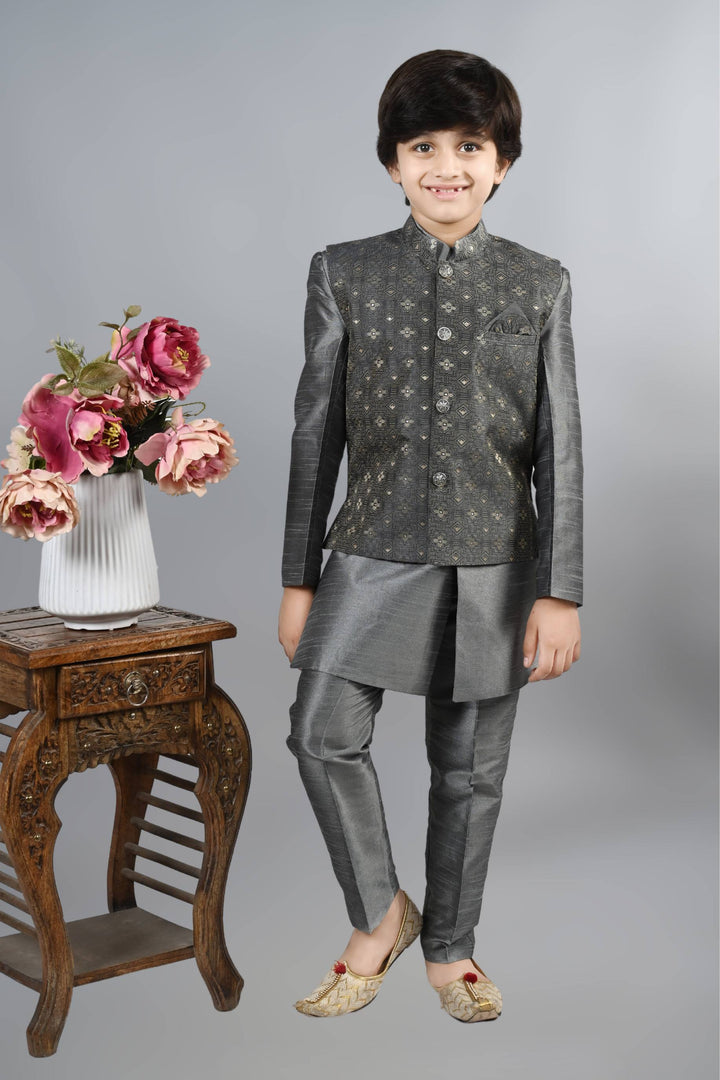 Ahhaaaa Kids Ethnic Silk Blend Waistcoat Kurta Pyjama 3 Piece Sherwani Set For Boys Gray