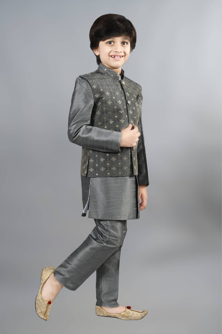 Ahhaaaa Kids Ethnic Silk Blend Waistcoat Kurta Pyjama 3 Piece Sherwani Set For Boys