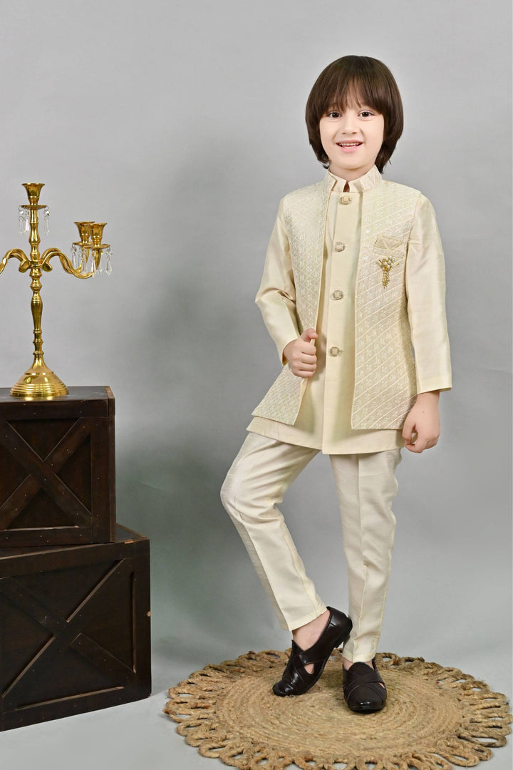 Ahhaaaa Kids Ethnic Embroidered Indo-Western Kurta, Pajama and Waistcoat Set for Boys Beige