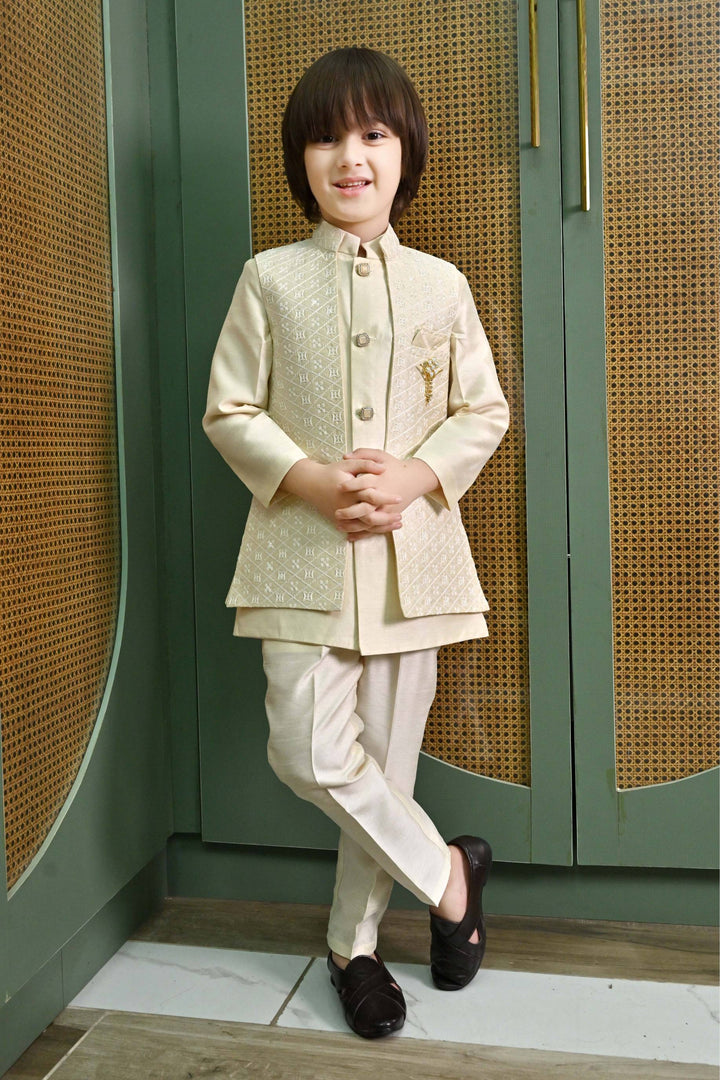 Ahhaaaa Kids Ethnic Embroidered Indo-Western Kurta, Pajama and Waistcoat Set for Boys