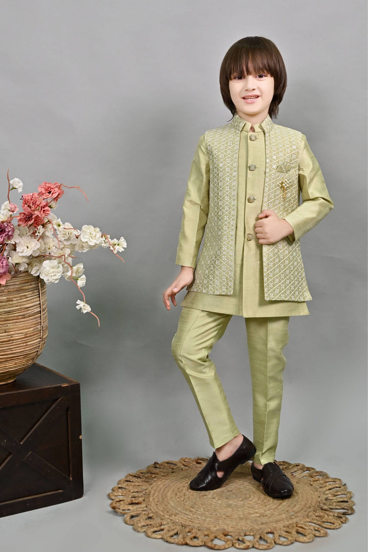 Ahhaaaa Kids Ethnic Embroidered Indo-Western Kurta, Pajama and Waistcoat Set for Boys Green