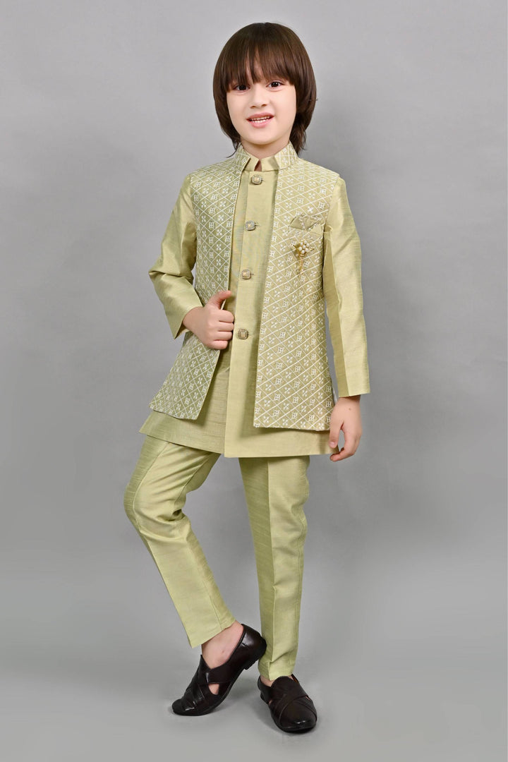 Ahhaaaa Kids Ethnic Embroidered Indo-Western Kurta, Pajama and Waistcoat Set for Boys