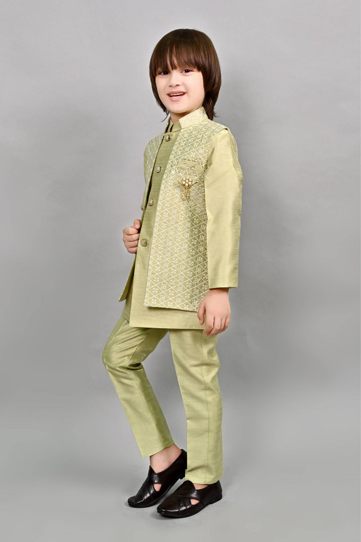 Ahhaaaa Kids Ethnic Embroidered Indo-Western Kurta, Pajama and Waistcoat Set for Boys