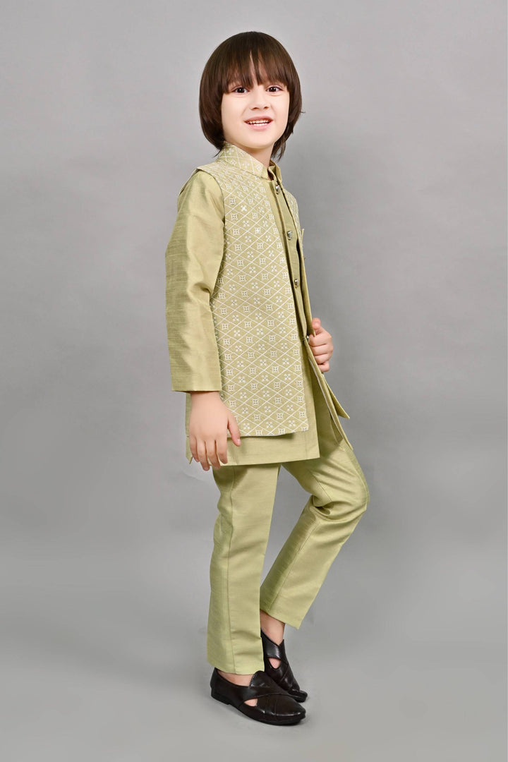 Ahhaaaa Kids Ethnic Embroidered Indo-Western Kurta, Pajama and Waistcoat Set for Boys