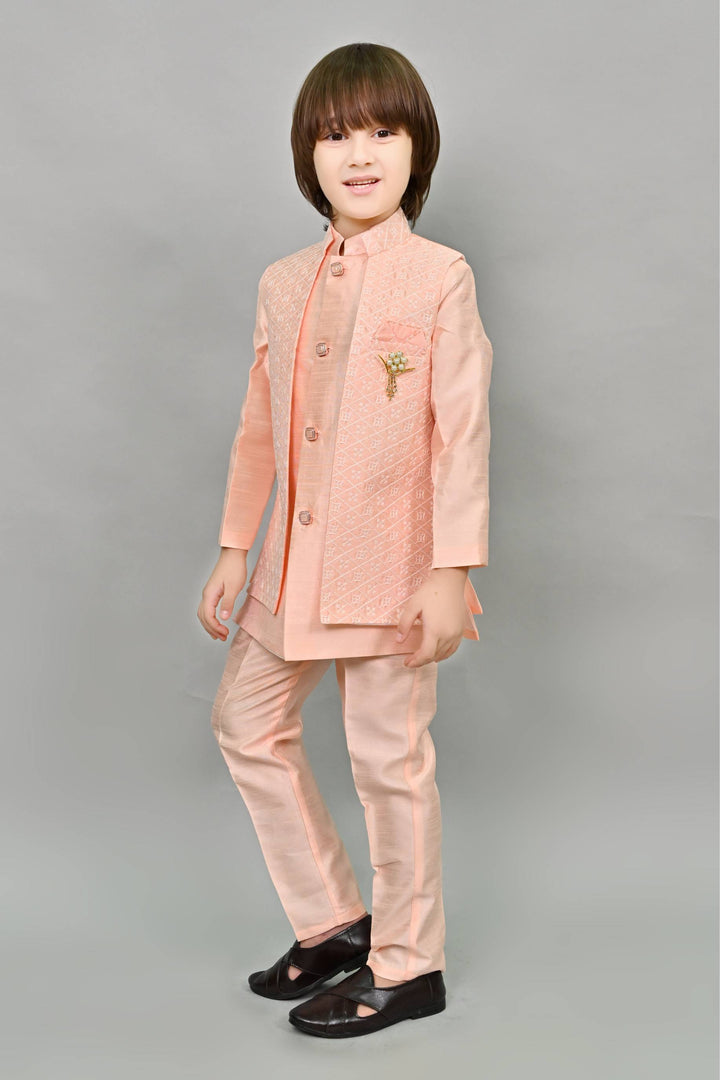 Ahhaaaa Kids Ethnic Embroidered Indo-Western Kurta, Pajama and Waistcoat Set for Boys