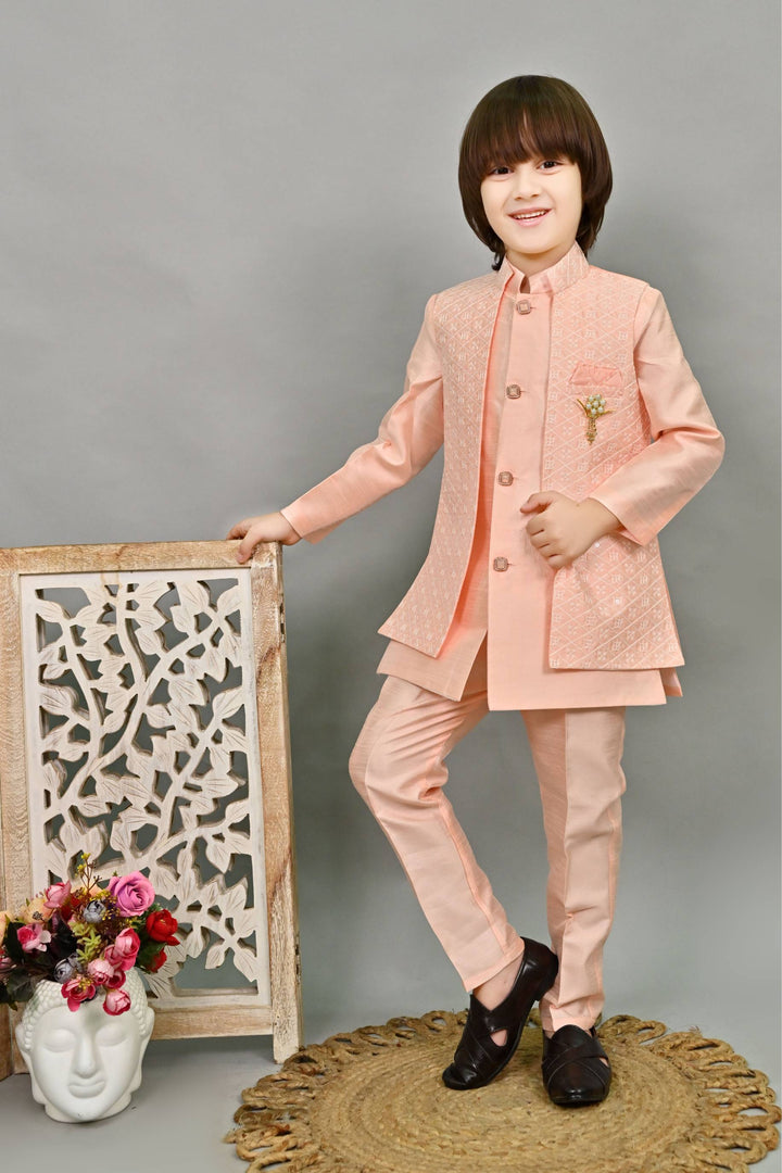 Ahhaaaa Kids Ethnic Embroidered Indo-Western Kurta, Pajama and Waistcoat Set for Boys Pink