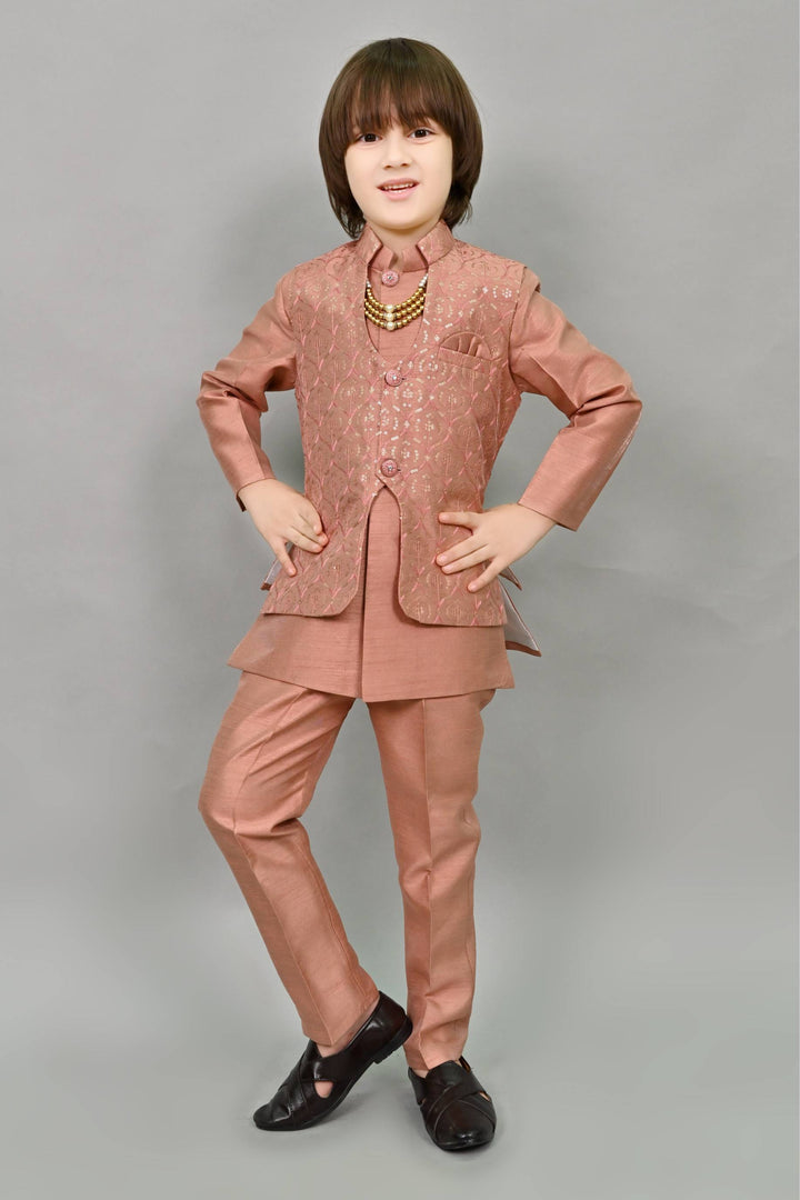 Ahhaaaa Kids Ethnic Bollywood Style Sherwani Waistcoat Kurta and Pyjama with Moti Mala for Boys