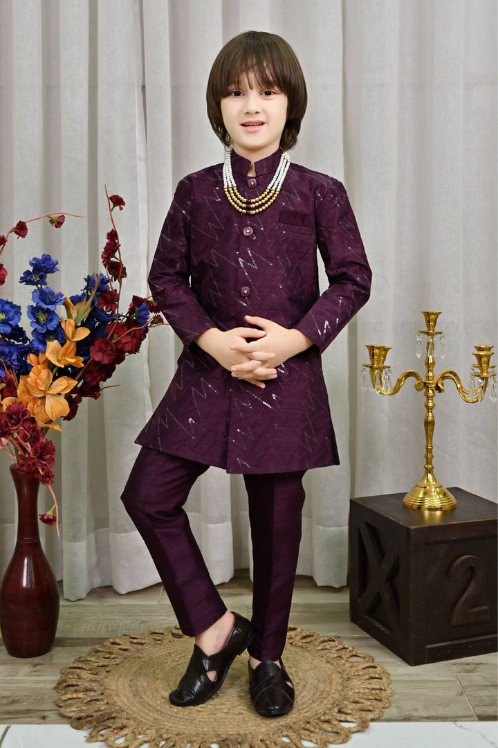 Ahhaaaa Kids Ethnic Jacquard Sequin Print Indo-Western Sherwani Set with Maala for Boys Wine