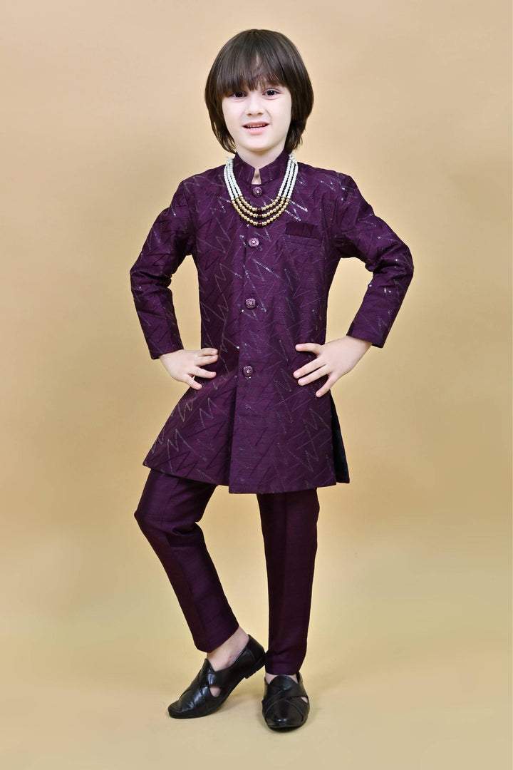 Ahhaaaa Kids Ethnic Jacquard Sequin Print Indo-Western Sherwani Set with Maala for Boys