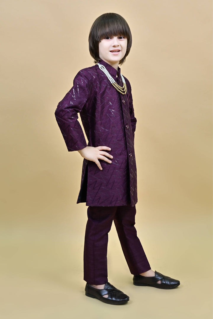 Ahhaaaa Kids Ethnic Jacquard Sequin Print Indo-Western Sherwani Set with Maala for Boys