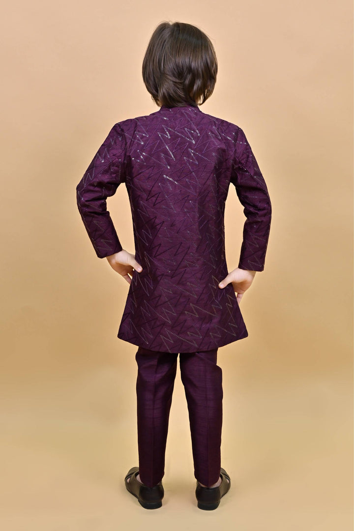 Ahhaaaa Kids Ethnic Jacquard Sequin Print Indo-Western Sherwani Set with Maala for Boys