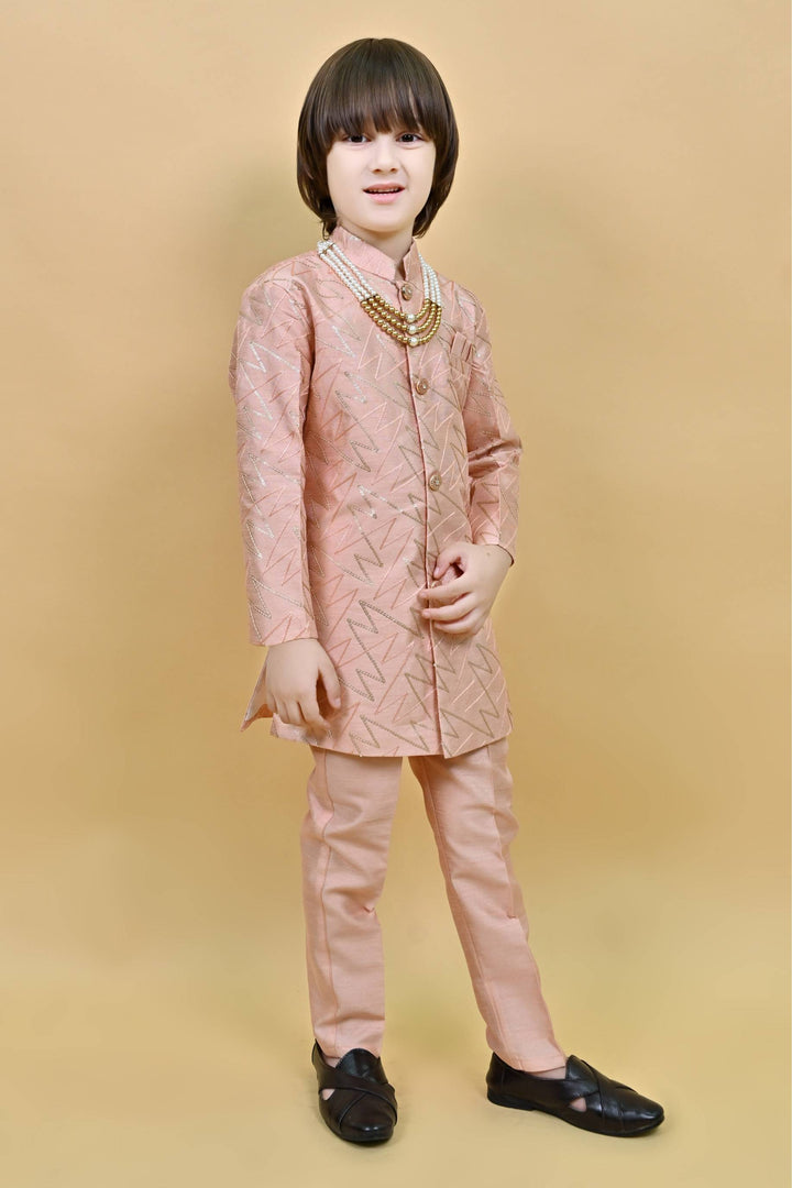 Ahhaaaa Kids Ethnic Jacquard Sequin Print Indo-Western Sherwani Set with Maala for Boys