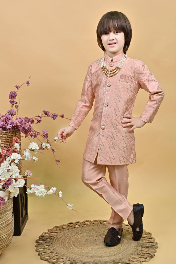 Ahhaaaa Kids Ethnic Jacquard Sequin Print Indo-Western Sherwani Set with Maala for Boys Pink