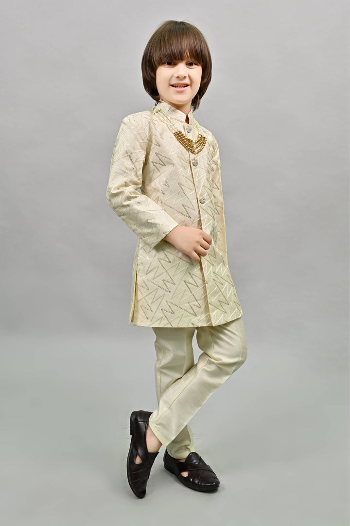 Ahhaaaa Kids Ethnic Jacquard Sequin Print Indo-Western Sherwani Set with Maala for Boys