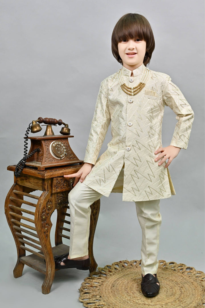 Ahhaaaa Kids Ethnic Jacquard Sequin Print Indo-Western Sherwani Set with Maala for Boys