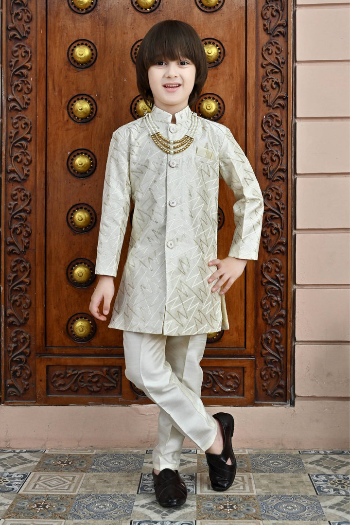 Ahhaaaa Kids Ethnic Jacquard Sequin Print Indo-Western Sherwani Set with Maala for Boys Beige