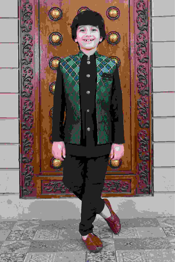 Ahhaaaa Kids Silk Blend Waistcoat, Kurta Pyjama 3 Piece Sherwani Set For Boys