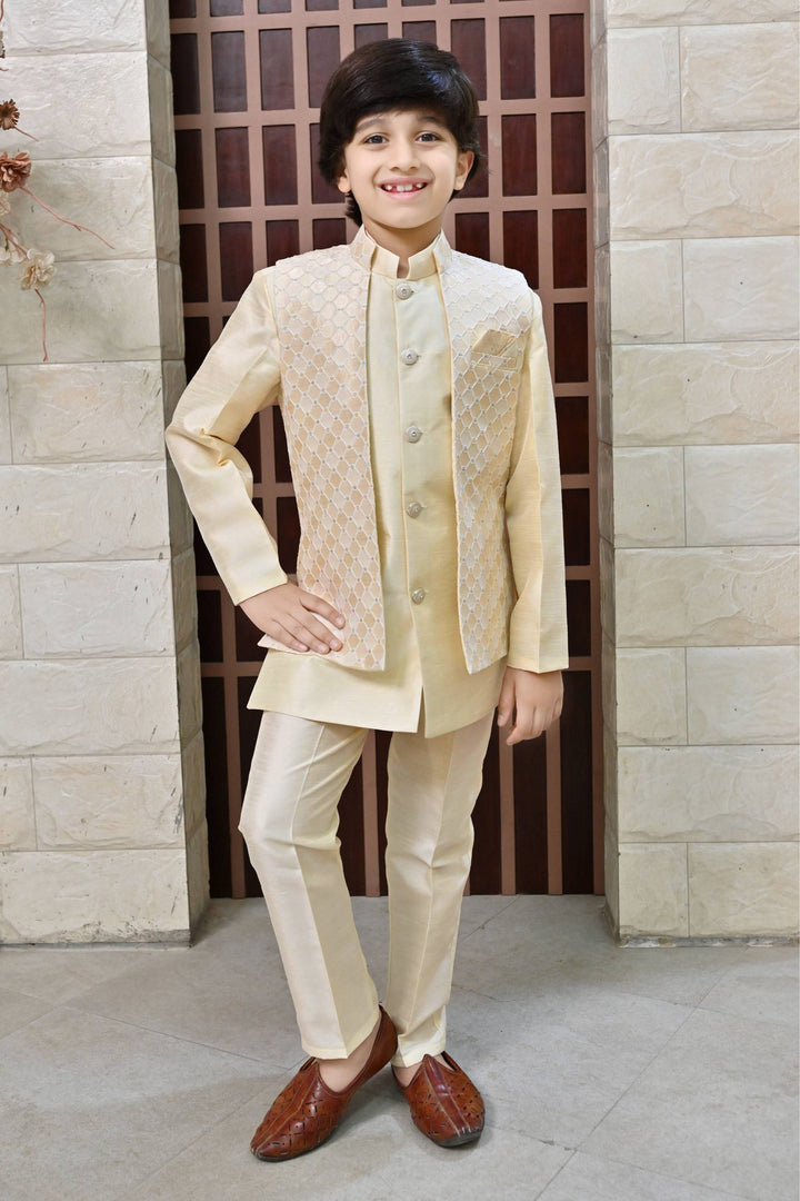 Ahhaaaa Kids Ethnic Silk Blend Waistcoat Kurta Pyjama 3 Piece Sherwani Set For Boys