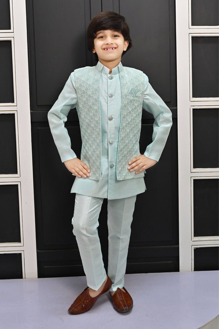 Ahhaaaa Kids Ethnic Silk Blend Waistcoat Kurta Pyjama 3 Piece Sherwani Set For Boys