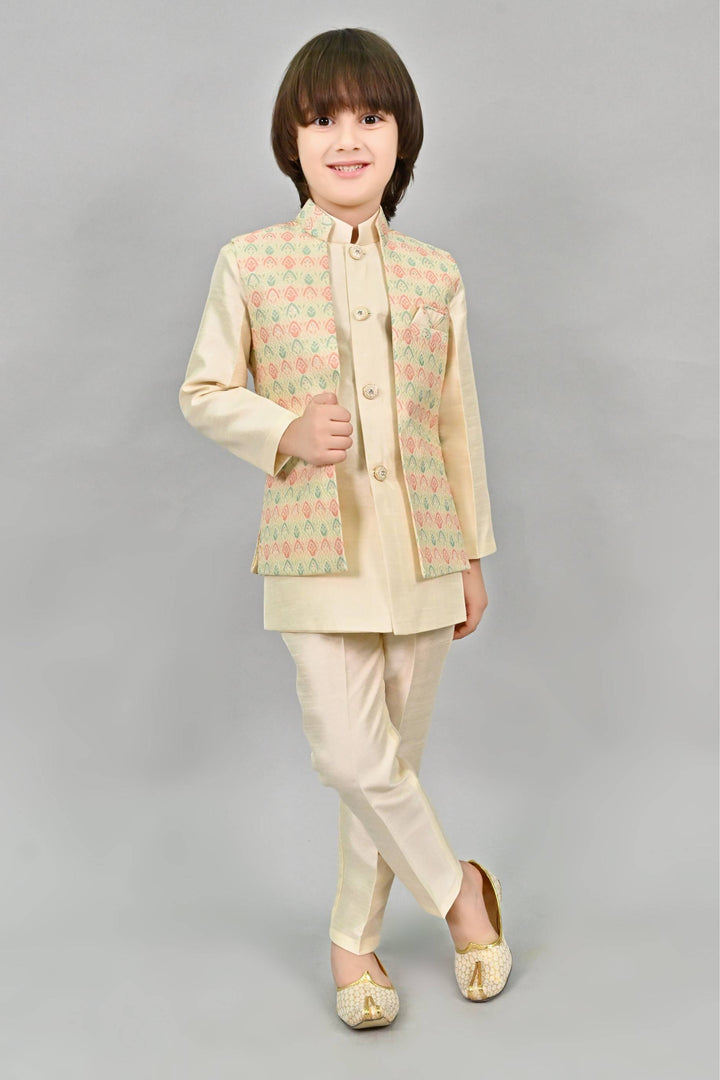 Ahhaaaa Kids Ethnic Multi-Colored Thread Work Indo-Western Kurta, Waistcoat and Pajama Set for Boys