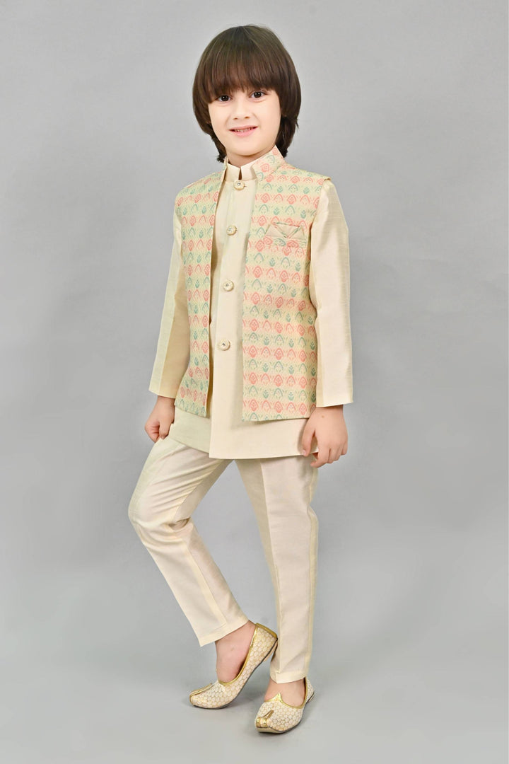 Ahhaaaa Kids Ethnic Multi-Colored Thread Work Indo-Western Kurta, Waistcoat and Pajama Set for Boys