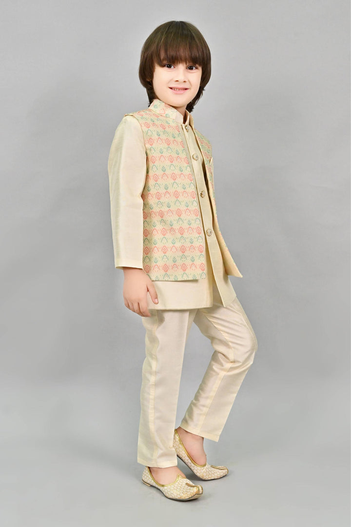 Ahhaaaa Kids Ethnic Multi-Colored Thread Work Indo-Western Kurta, Waistcoat and Pajama Set for Boys