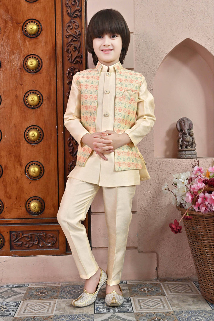 Ahhaaaa Kids Ethnic Multi-Colored Thread Work Indo-Western Kurta, Waistcoat and Pajama Set for Boys Cream