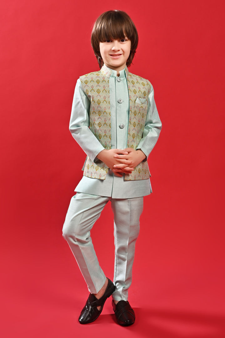 Ahhaaaa Kids Ethnic Multi-Colored Thread Work Indo-Western Kurta, Waistcoat and Pajama Set for Boys