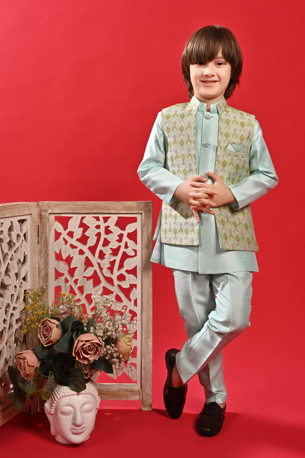 Ahhaaaa Kids Ethnic Multi-Colored Thread Work Indo-Western Kurta, Waistcoat and Pajama Set for Boys Blue