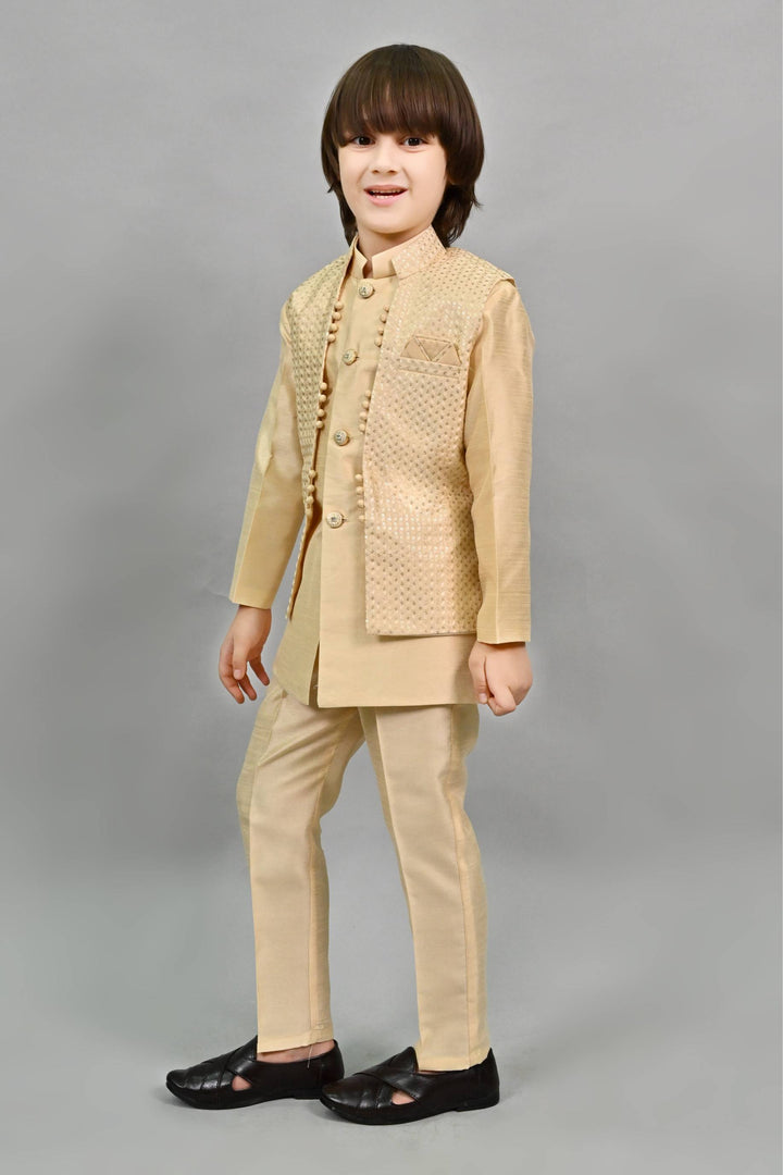 Ahhaaaa Kids Ethnic Silk Blend Waistcoat Kurta Pyjama 3 Piece Sherwani Set For Boys