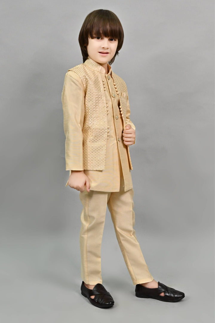 Ahhaaaa Kids Ethnic Silk Blend Waistcoat Kurta Pyjama 3 Piece Sherwani Set For Boys