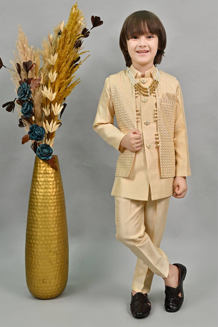 Ahhaaaa Kids Ethnic Silk Blend Waistcoat Kurta Pyjama 3 Piece Sherwani Set For Boys