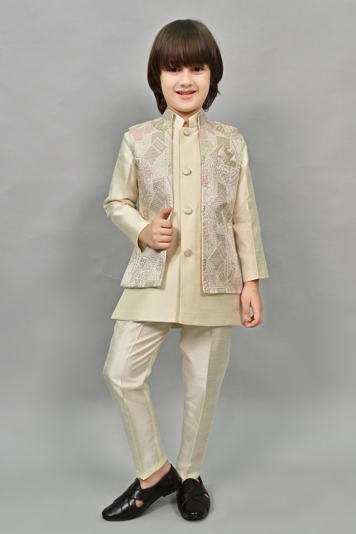 Ahhaaaa Kids Ethnic Silk Blend Waistcoat Kurta Pyjama 3 Piece Sherwani Set For Boys