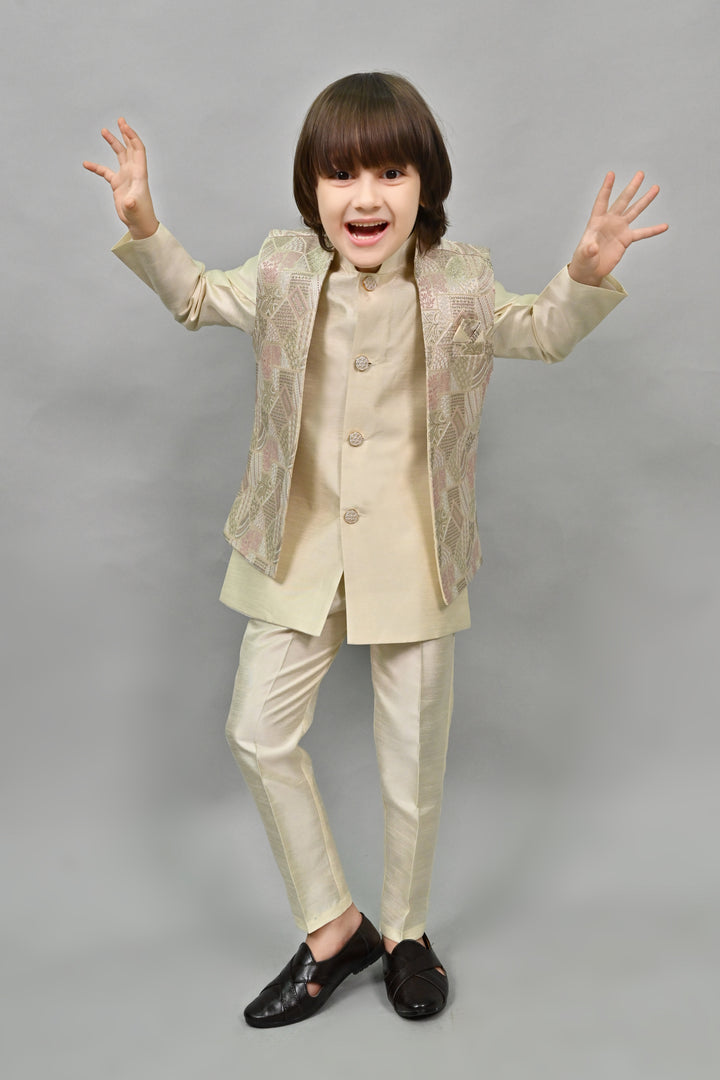 Ahhaaaa Kids Ethnic Silk Blend Waistcoat Kurta Pyjama 3 Piece Sherwani Set For Boys