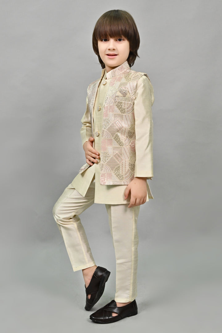 Ahhaaaa Kids Ethnic Silk Blend Waistcoat Kurta Pyjama 3 Piece Sherwani Set For Boys