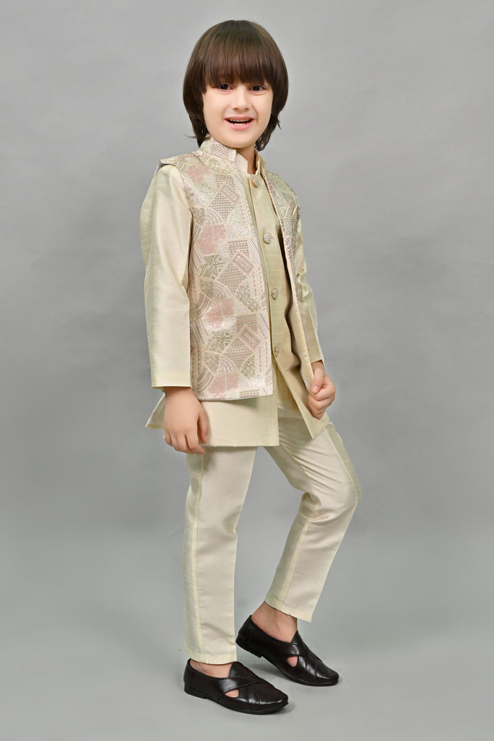 Ahhaaaa Kids Ethnic Silk Blend Waistcoat Kurta Pyjama 3 Piece Sherwani Set For Boys