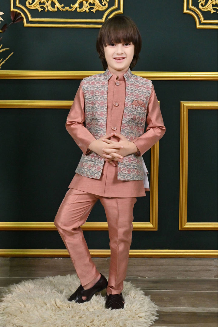 Ahhaaaa Kids Ethnic Multi-Colored Thread Work Indo-Western Kurta, Waistcoat and Pajama Set for Boys Pink