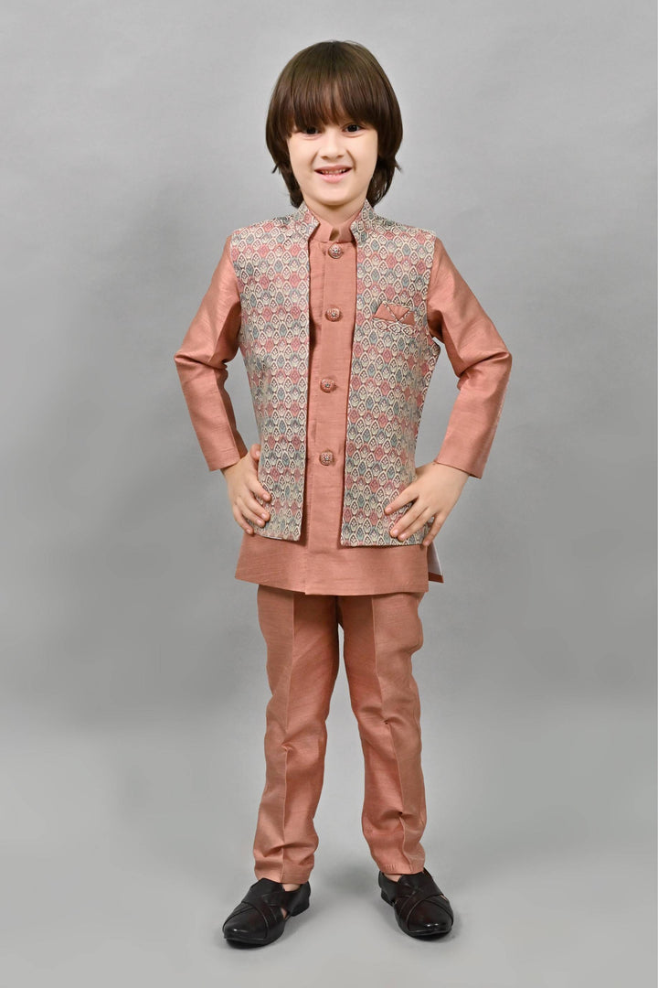 Ahhaaaa Kids Ethnic Multi-Colored Thread Work Indo-Western Kurta, Waistcoat and Pajama Set for Boys