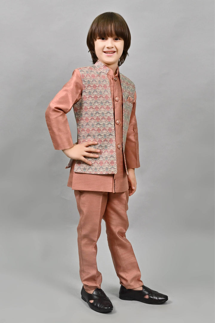 Ahhaaaa Kids Ethnic Multi-Colored Thread Work Indo-Western Kurta, Waistcoat and Pajama Set for Boys