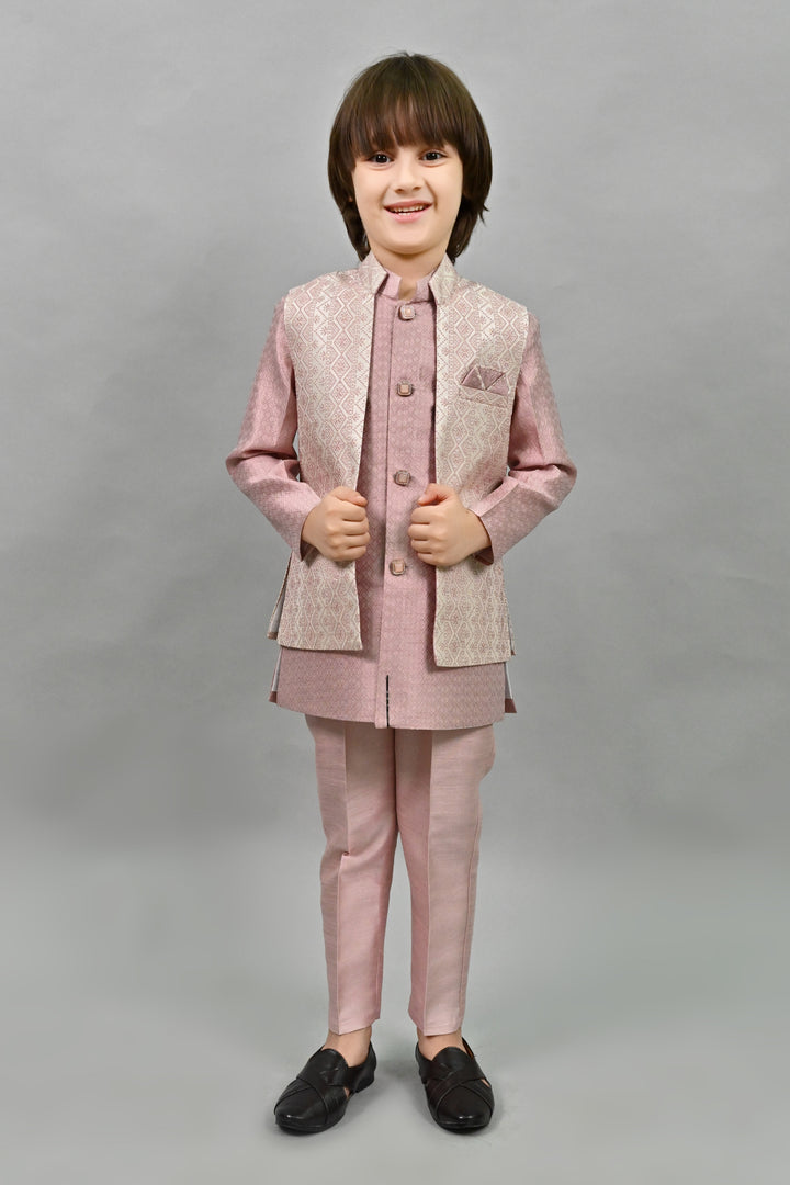 Ahhaaaa Ethnic Zari Work Indo-Western Printed Kurta, Waistcoat and Pajama 3-Piece Set for Boys Pink Kids