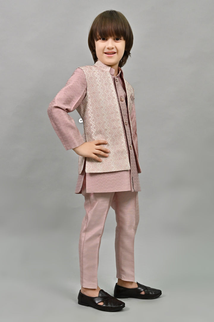 Ahhaaaa Ethnic Zari Work Indo-Western Printed Kurta, Waistcoat and Pajama 3-Piece Set for Boys