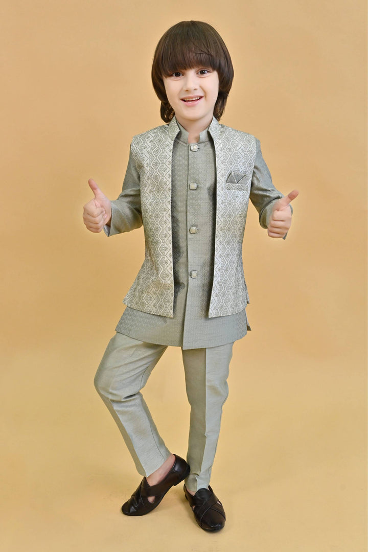 Ahhaaaa Ethnic Zari Work Indo-Western Printed Kurta, Waistcoat and Pajama 3-Piece Set for Boys Gray Kids