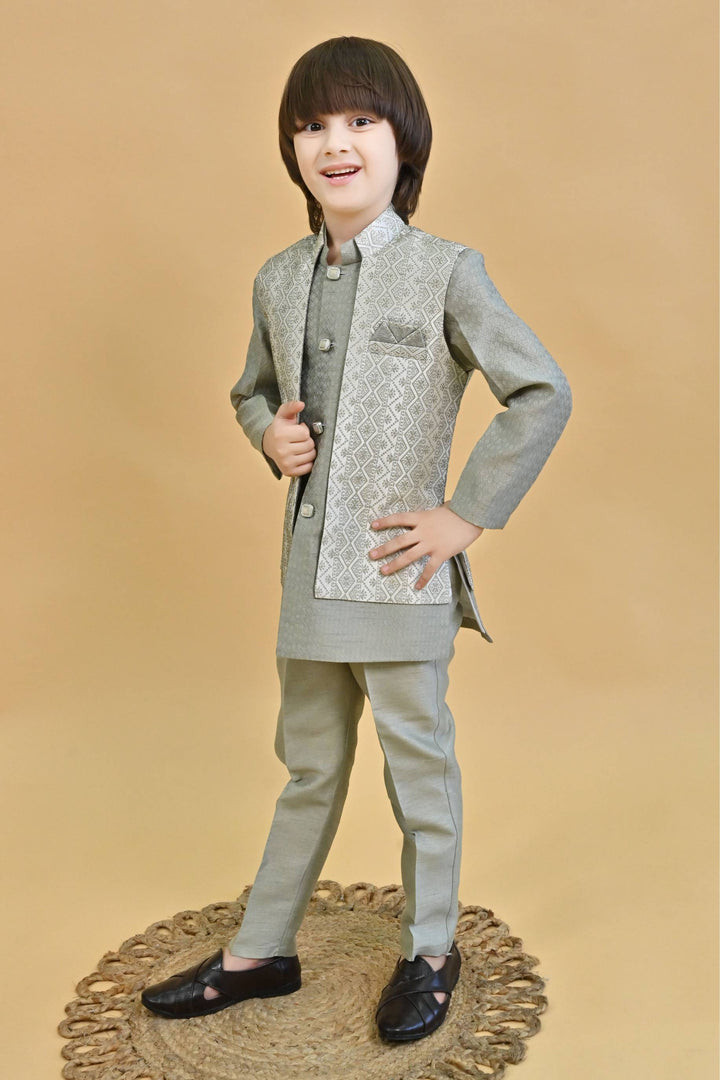 Ahhaaaa Ethnic Zari Work Indo-Western Printed Kurta, Waistcoat and Pajama 3-Piece Set for Boys